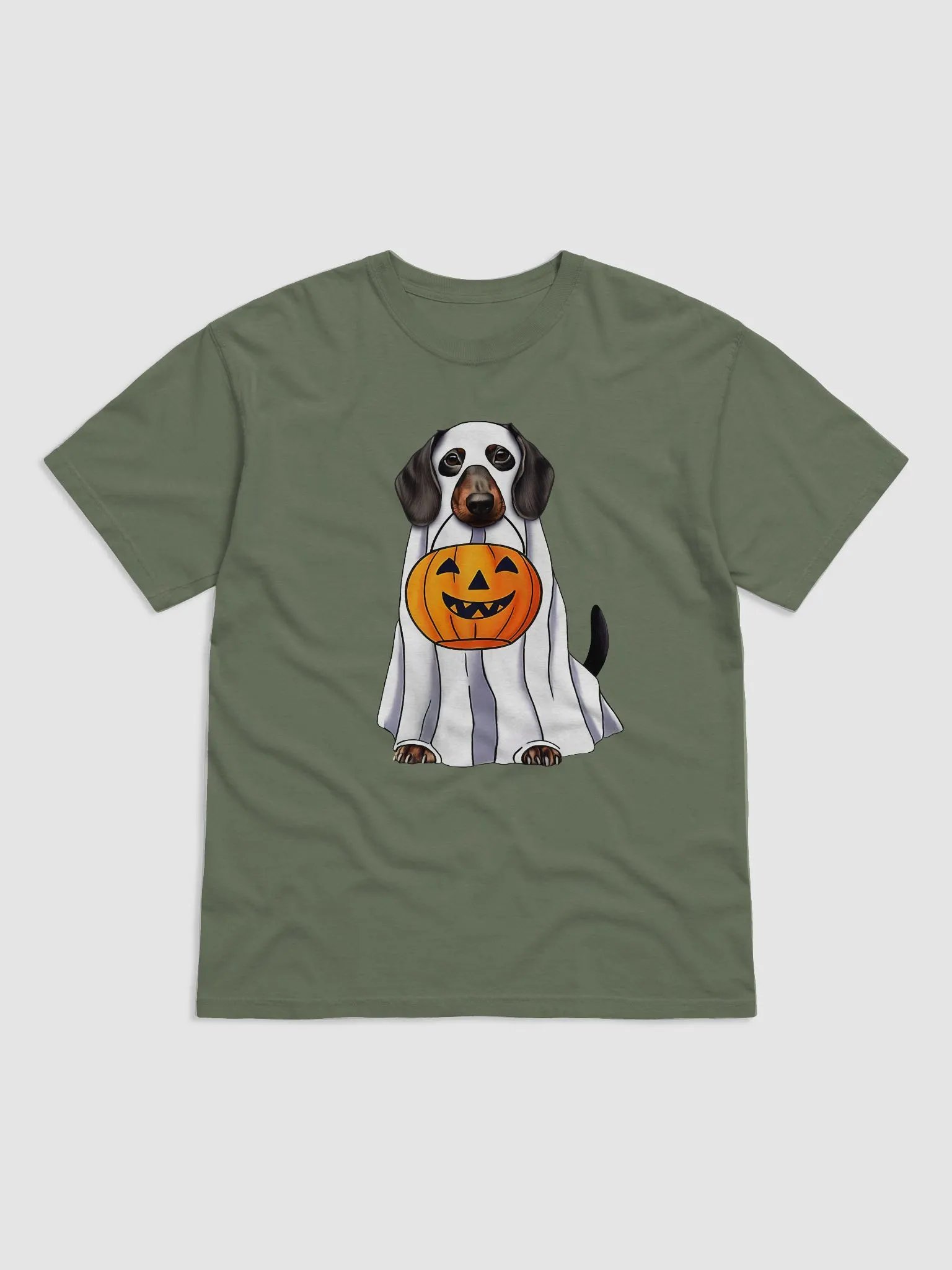 Dachshund Halloween Comfort Colors Tee | Funny Halloween Wiener/Doxie Wearing a Ghost Costume with Pumpkin Basket product image (2)