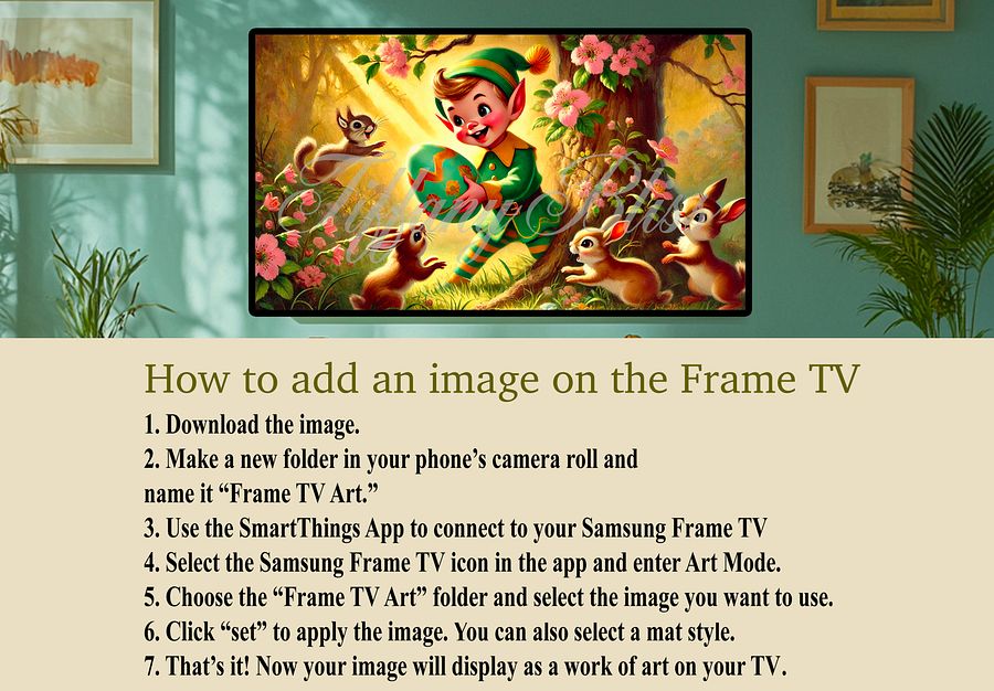 Spring Samsung Frame TV Art, Easter Elf and Bunnies Painting, Retro Art for TV product image (5)