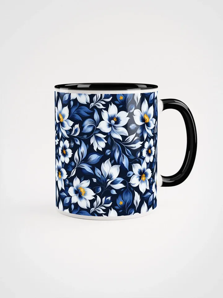 Coffee Mug with Color Inside - Floral Pattern in Blue and White on Dark Blue Background product image (1)