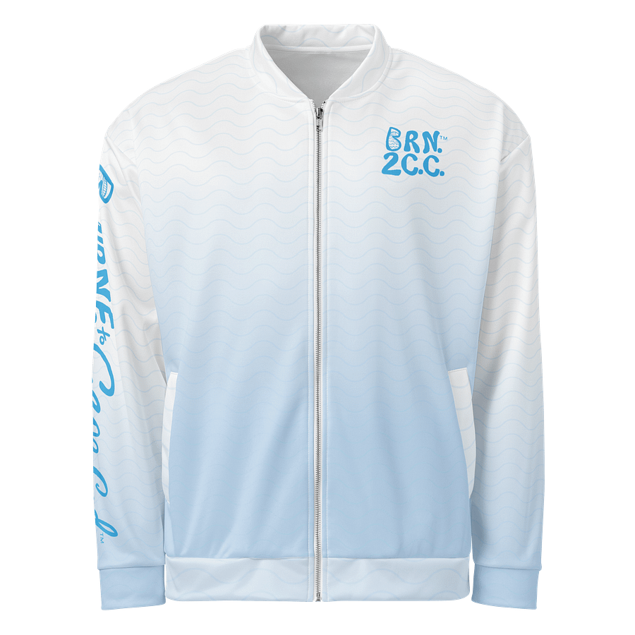 All-Over Print Bomber Jacket | Coastal Cool, City Bold | BOURNE to Cape Cod™ + BRN.2C.C.™ Style | Deep Sky Blue Logos on Blue & White Ombre product image (1)