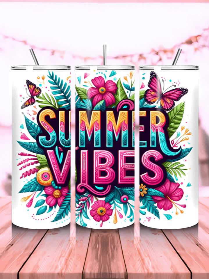 Summer Vibes Tumbler Wrap PNG – 20oz Skinny Sublimation Design with Tropical Elements – Bright Beach Style – 300 DPI Instant Digital Download product image (1)