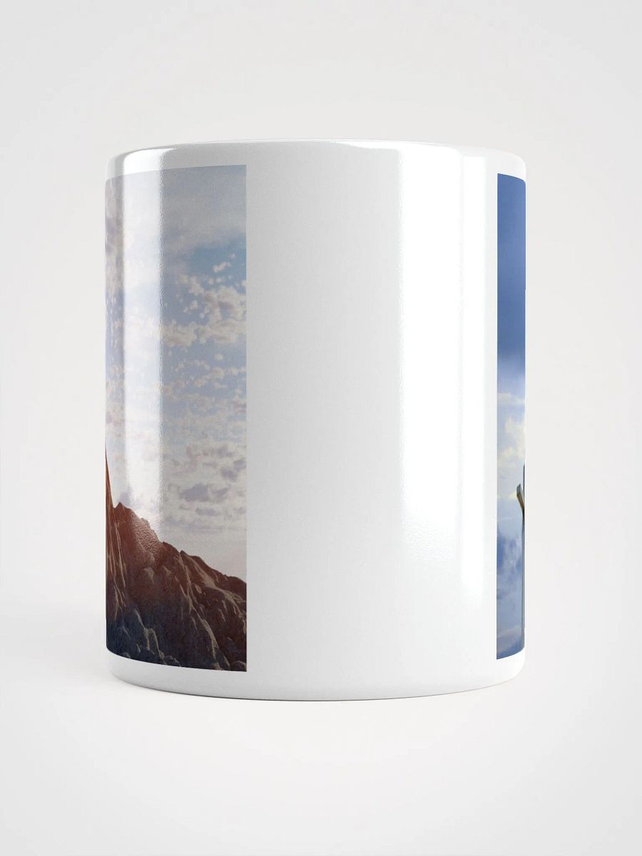 Wooden cross standing atop a rocky hill or mountain, under a sky filled with soft clouds & warm sunlight & cross standing against a dramatic sky with layers of clouds Mug product image (3)