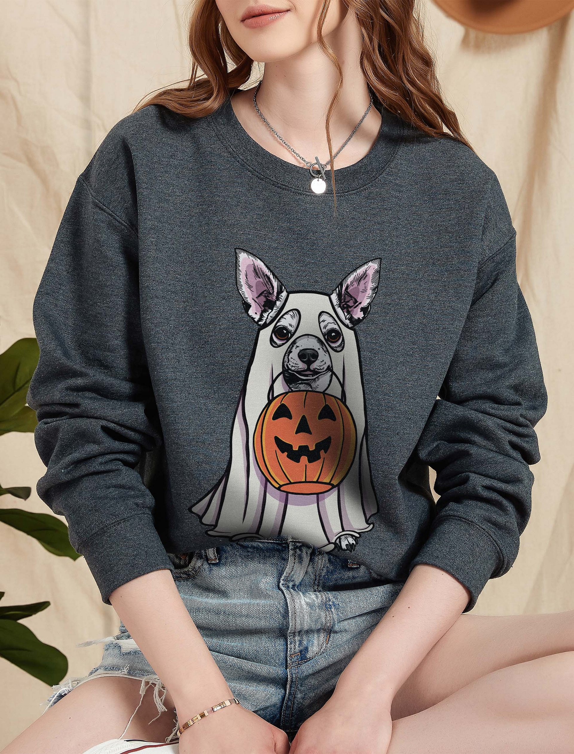 Funny Halloween Chihuahua(White) Sweatshirt | Funny Chihuahua Wearing a Ghost Costume and Holding a Pumpkin Basket product image (5)