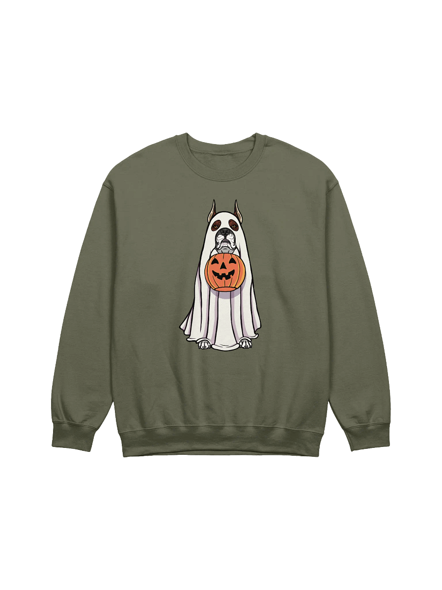 Funny Halloween Boxer Dog(Brindle, Cropped Ears) Sweatshirt | Funny Boxer Wearing a Ghost Costume and Holding a Pumpkin Basket product image (3)