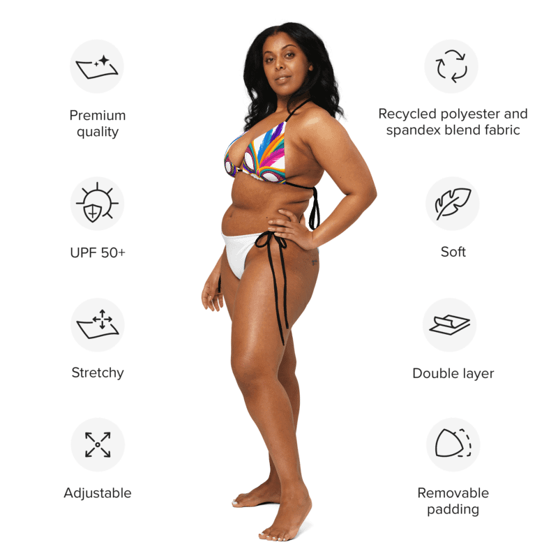White Low Rise Cheeky String Bikini, Mardi Gras Top, White Bottoms product image (12)