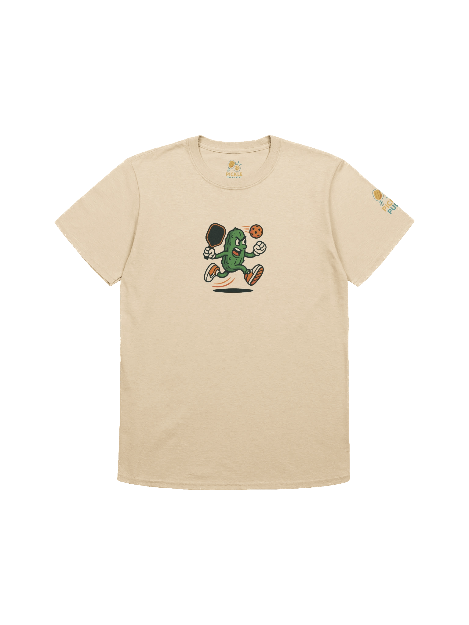 Pickleball Power Pickle T-Shirt – Sand Color Funny Unisex Tee with Animated Pickleball Smash Design product image (1)