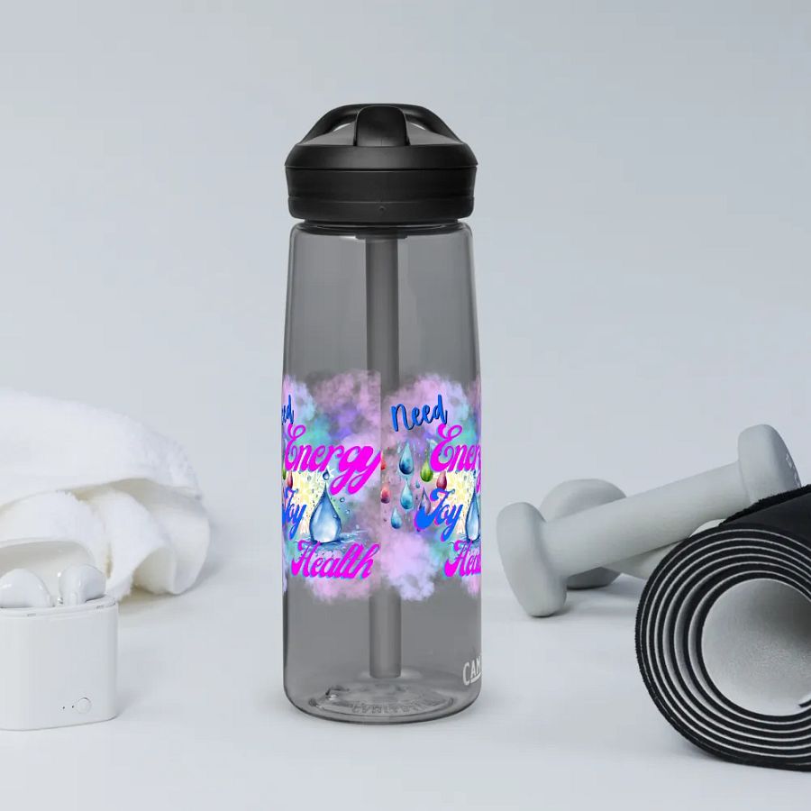 Camelback water bottle with beautiful swirly blue water  splash and drops design featuring ' Need  Energy Love Health