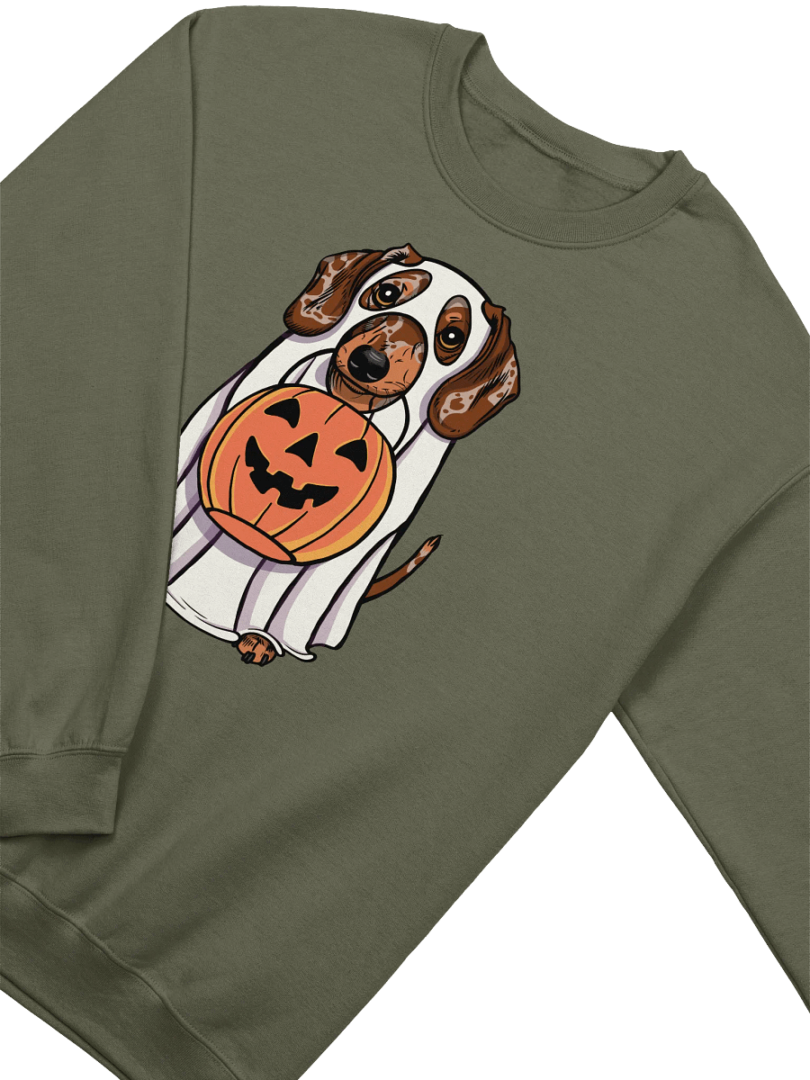 Funny Halloween Dachshund(Dapple 2) Sweatshirt | Funny Doxie/Wiener Wearing a Ghost Costume and Holding a Pumpkin Basket product image (18)