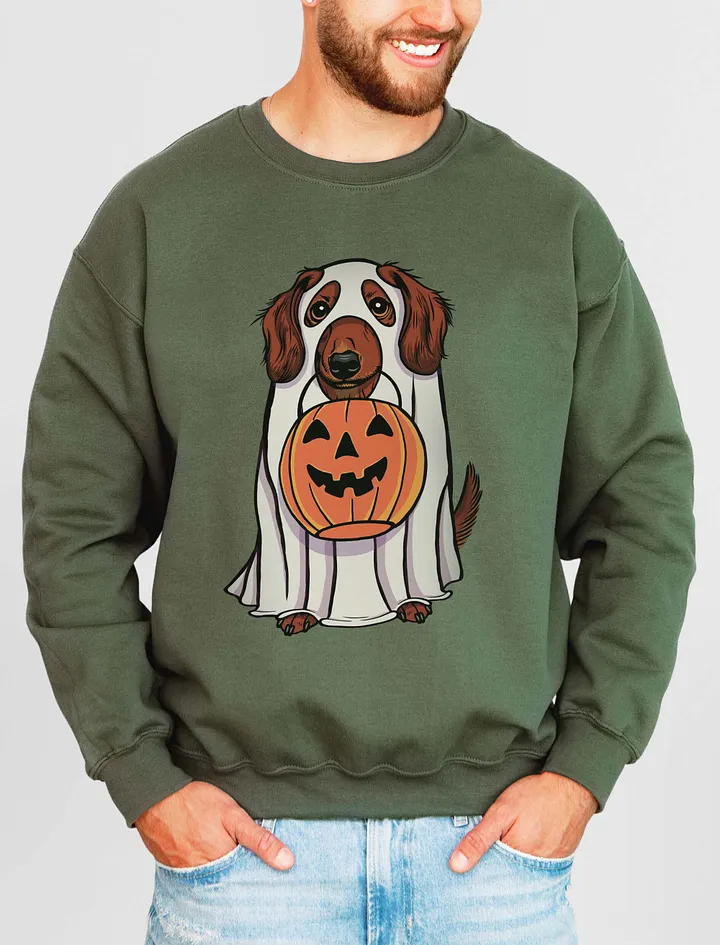 Funny Halloween Longhaired Dachshund(Red) Sweatshirt | Funny Doxie/Wiener Wearing a Ghost Costume and Holding a Pumpkin Basket product image (15)