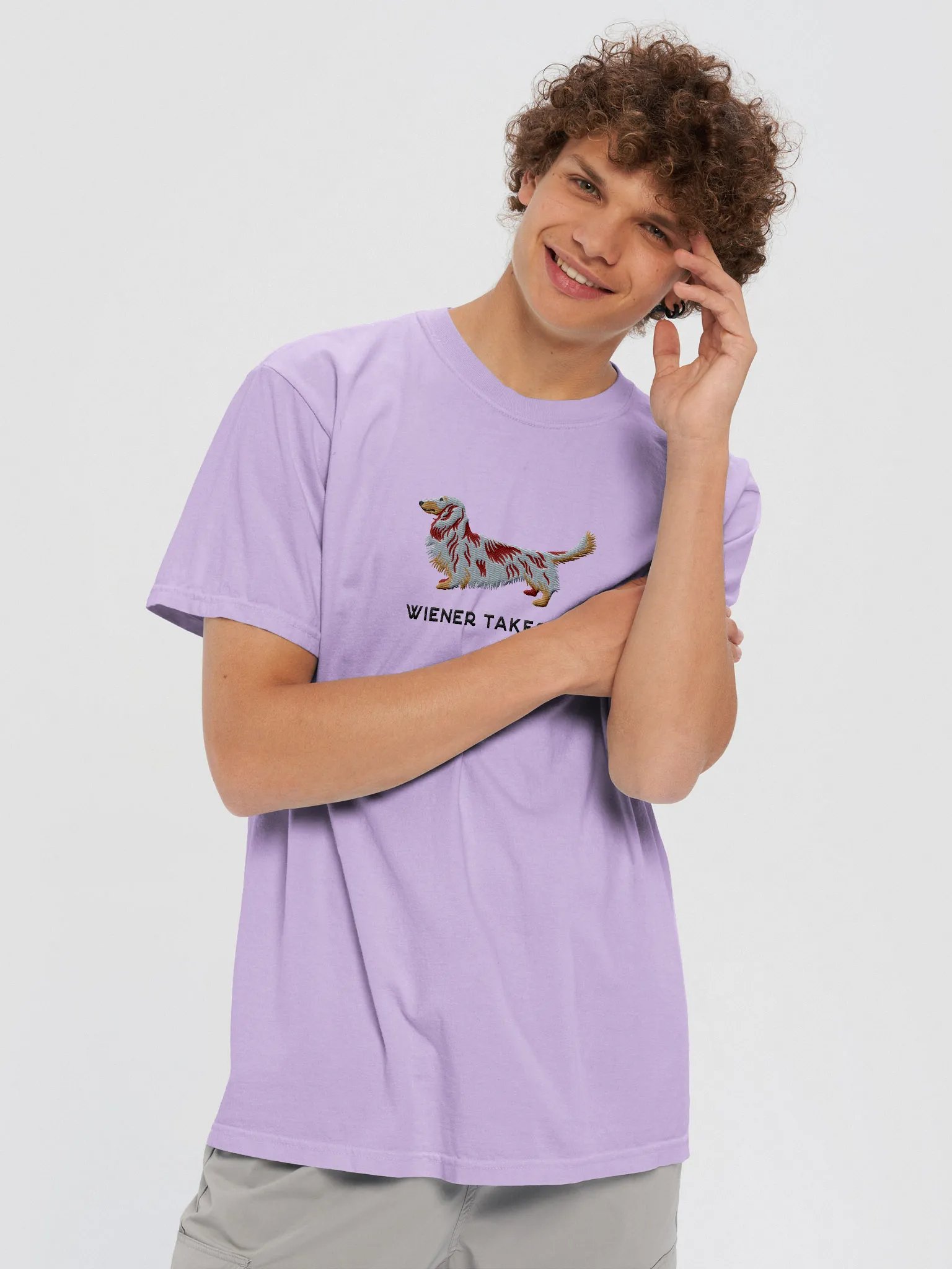 Wiener Takes All T-Shirt(Embroidered) of a Longhaired Dachshund(Red Dapple) product image (2)