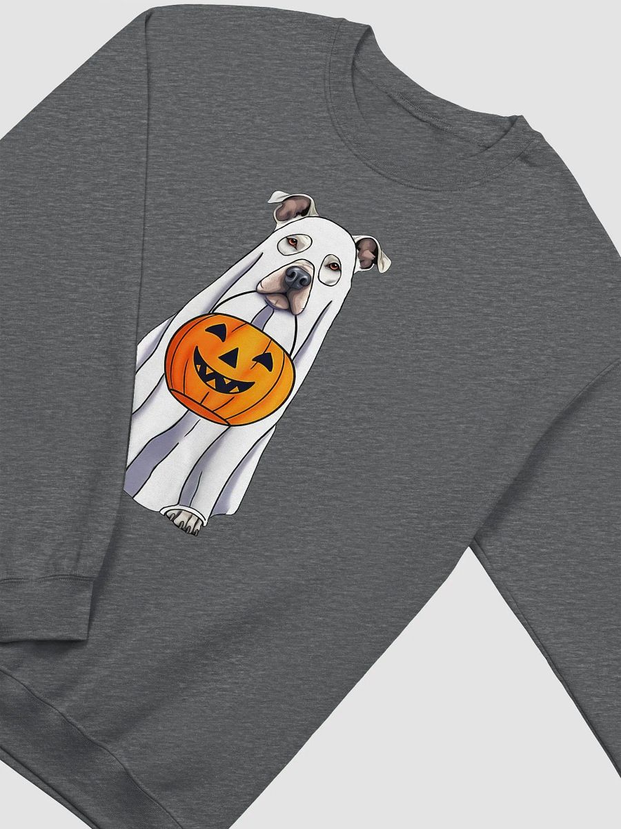 Pitbull(White) Halloween Sweatshirt | Funny Halloween Staffordshire Wearing a Ghost Costume with Pumpkin Basket product image (8)