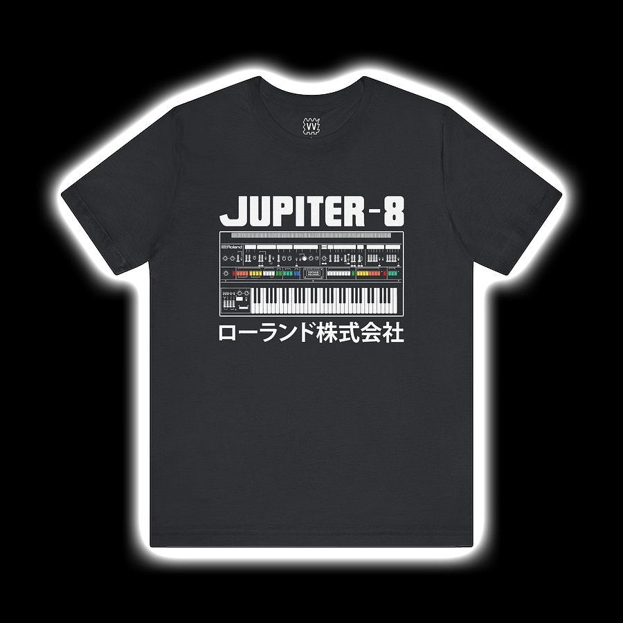 Jupiter 8 T-Shirt - Roland JP-8 Classic Synthesizer by Vintage Voltage (WHITE PRINT) product image (1)