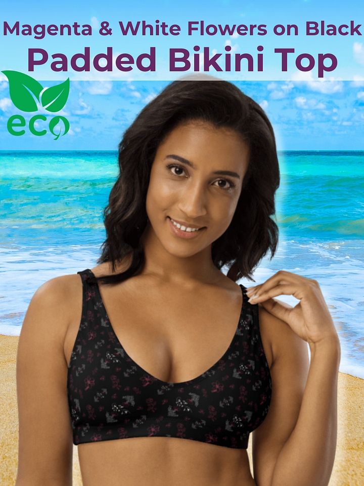 Magenta and White Flowers on Black Eco-Green Padded Bikini Top product image (1)