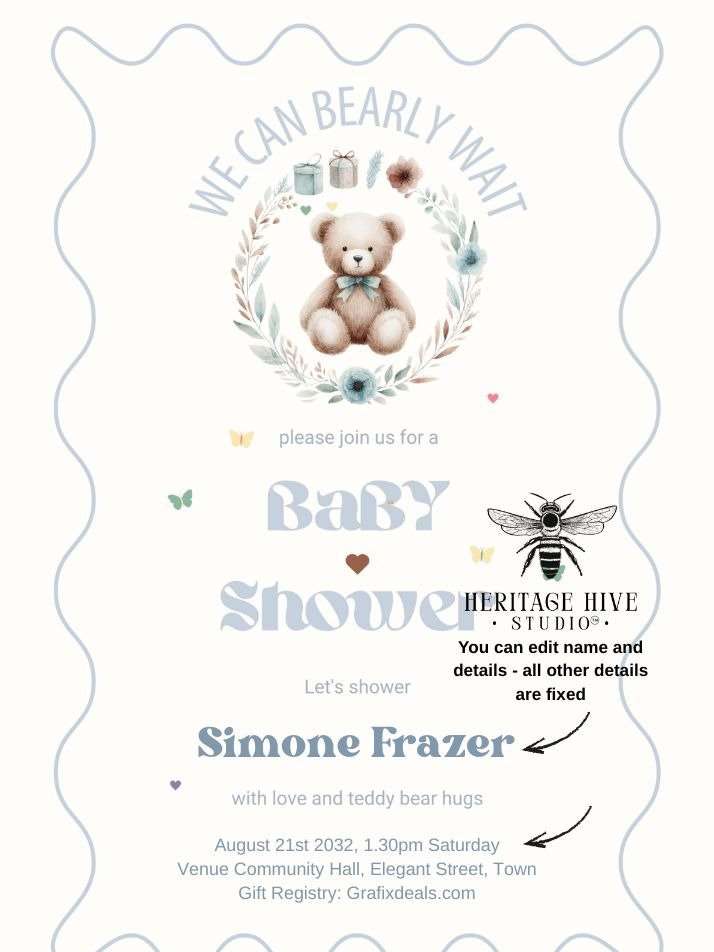 Editable Baby Shower Invitations | Edit in Canva | Instant Download Template | Teddy Bear Boys Blue product image (2)