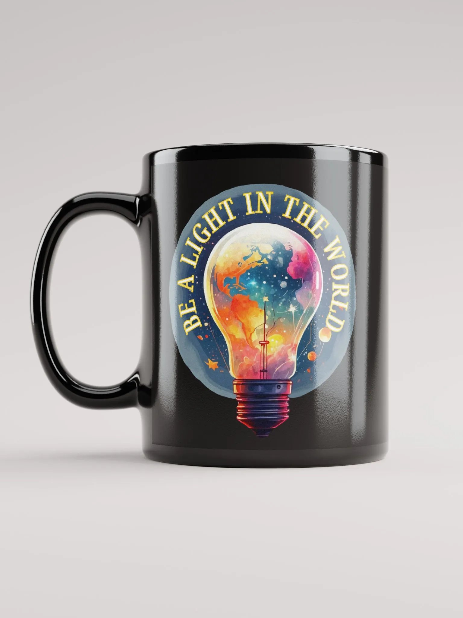 Reflective Bulbs Graphic | Black Coffee Mug | Be A Light In The World product image (1)