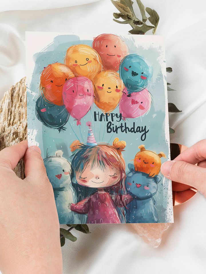 Vibrant Happy Birthday Card for Kids – Adorable Girl with Party Hat, Cute Animals, and Balloon Friends product image (1)