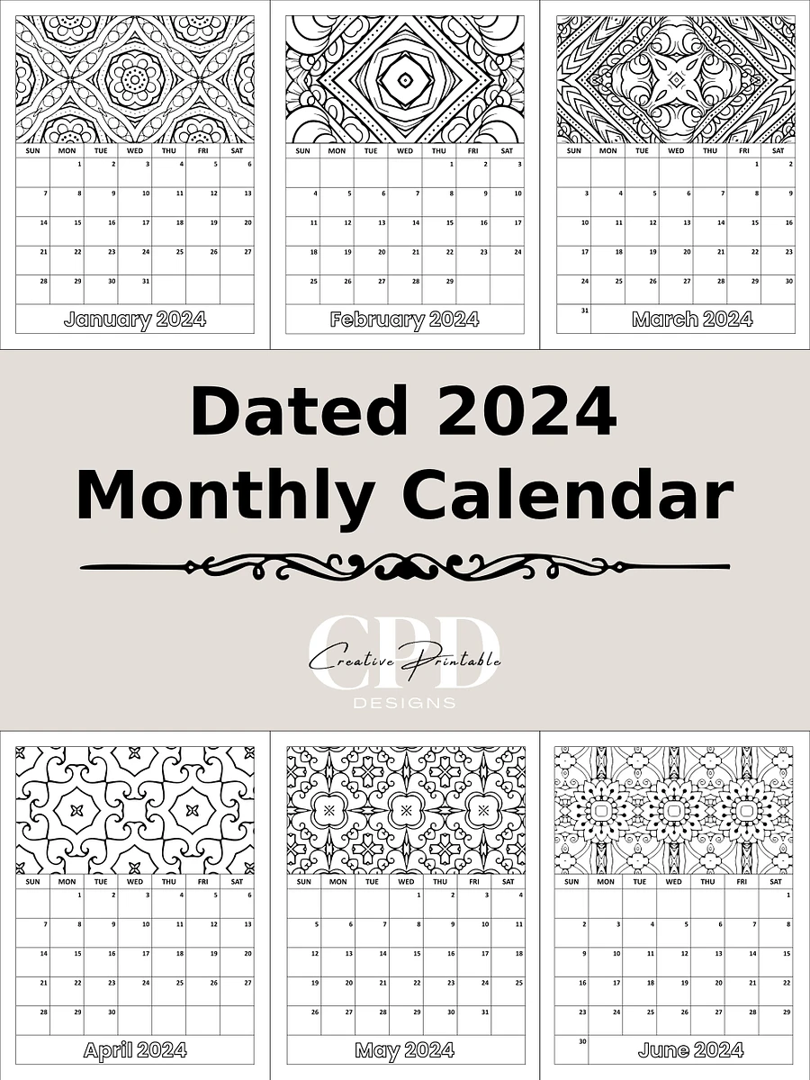 Printable 2024 Monthly Calendar With Coloring Patterns product image (2)