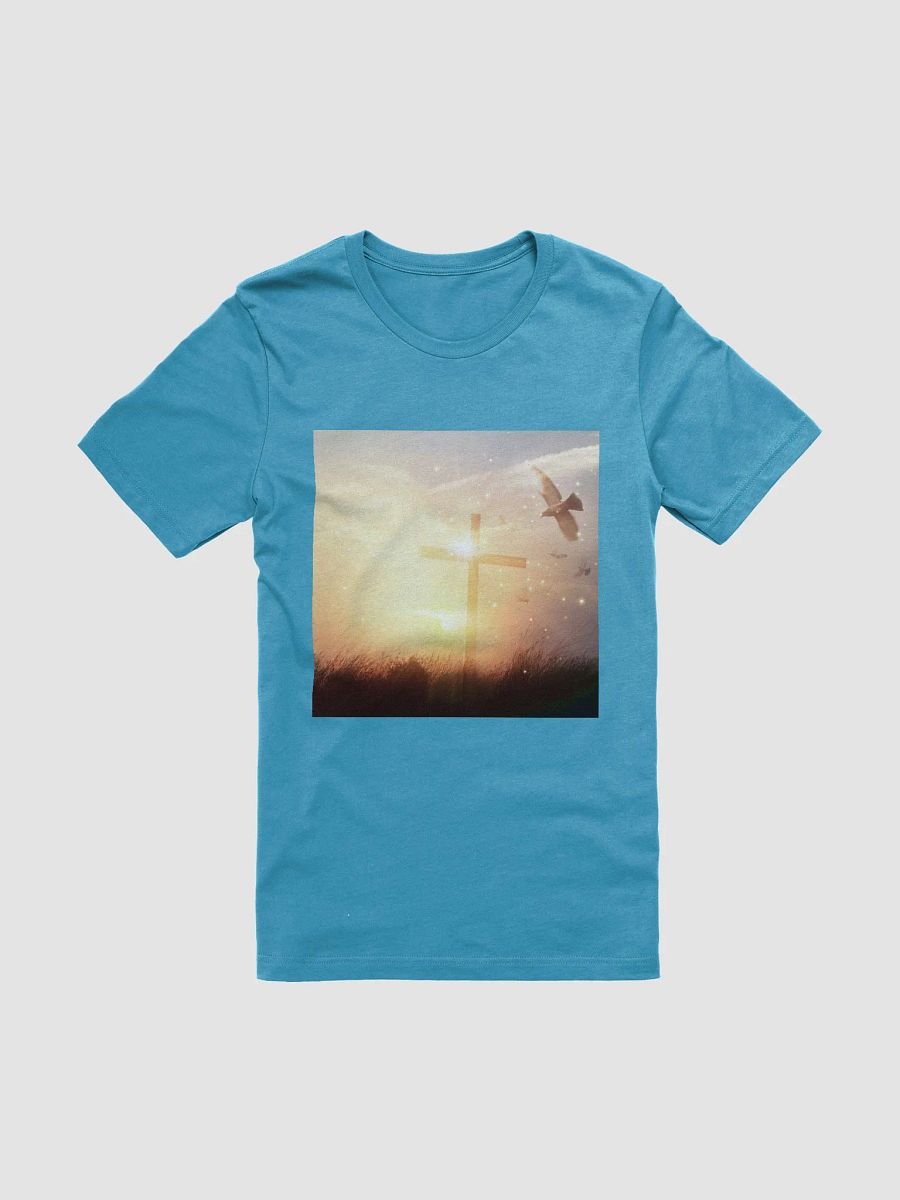 Radiant cross illuminated by a bright, golden light, set against a soft & glowing sunrise background & doves t-shirt product image (1)