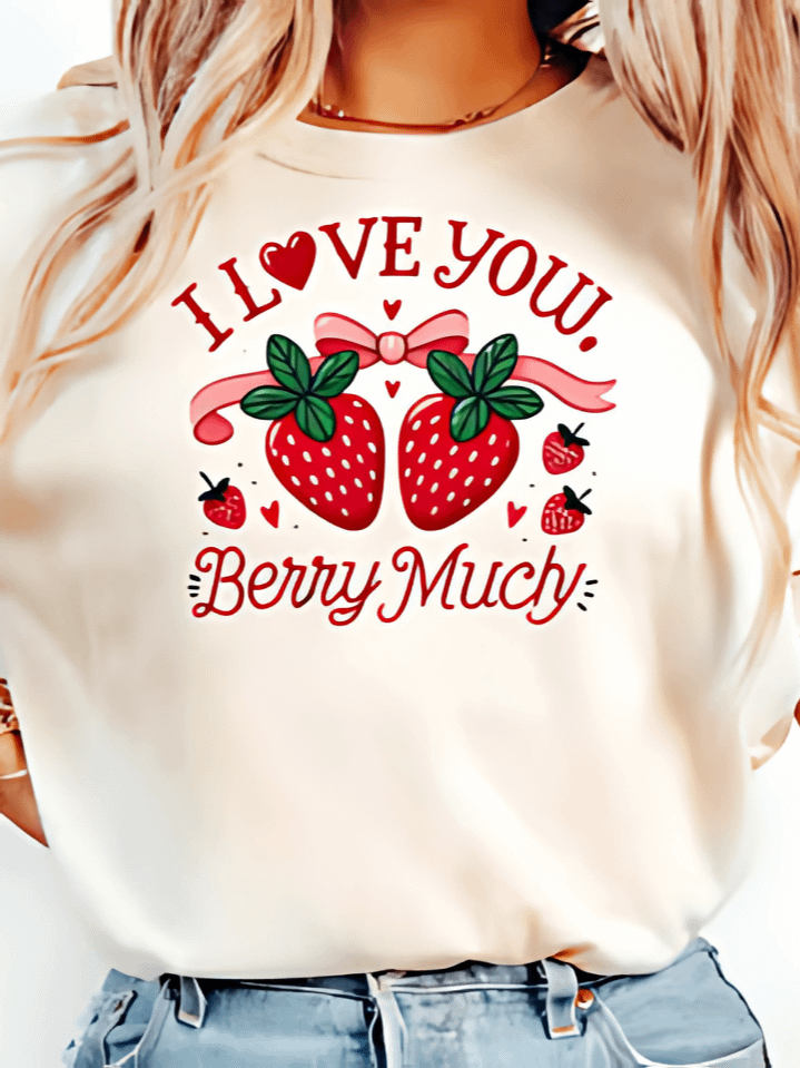 Cute Strawberry Love Sublimation Design – 'I Love You Berry Much' Valentine Theme – Adorable Fruit Art for T-Shirts – 300 DPI PNG Instant Download product image (1)