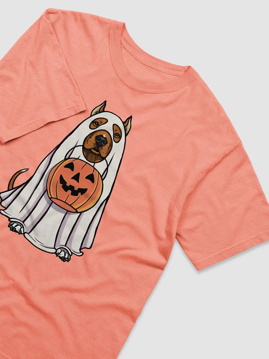 Funny Halloween Pitbull Terrier(Cropped Ears, Red) T-Shirt | Funny Pittie Wearing a Ghost Costume and Holding a Pumpkin Basket product image (24)