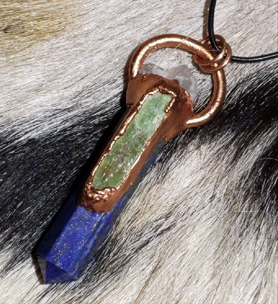 Green Kyanite, Lapis Lazuli Tower & Raw Quartz Cluster Necklace product image (1)