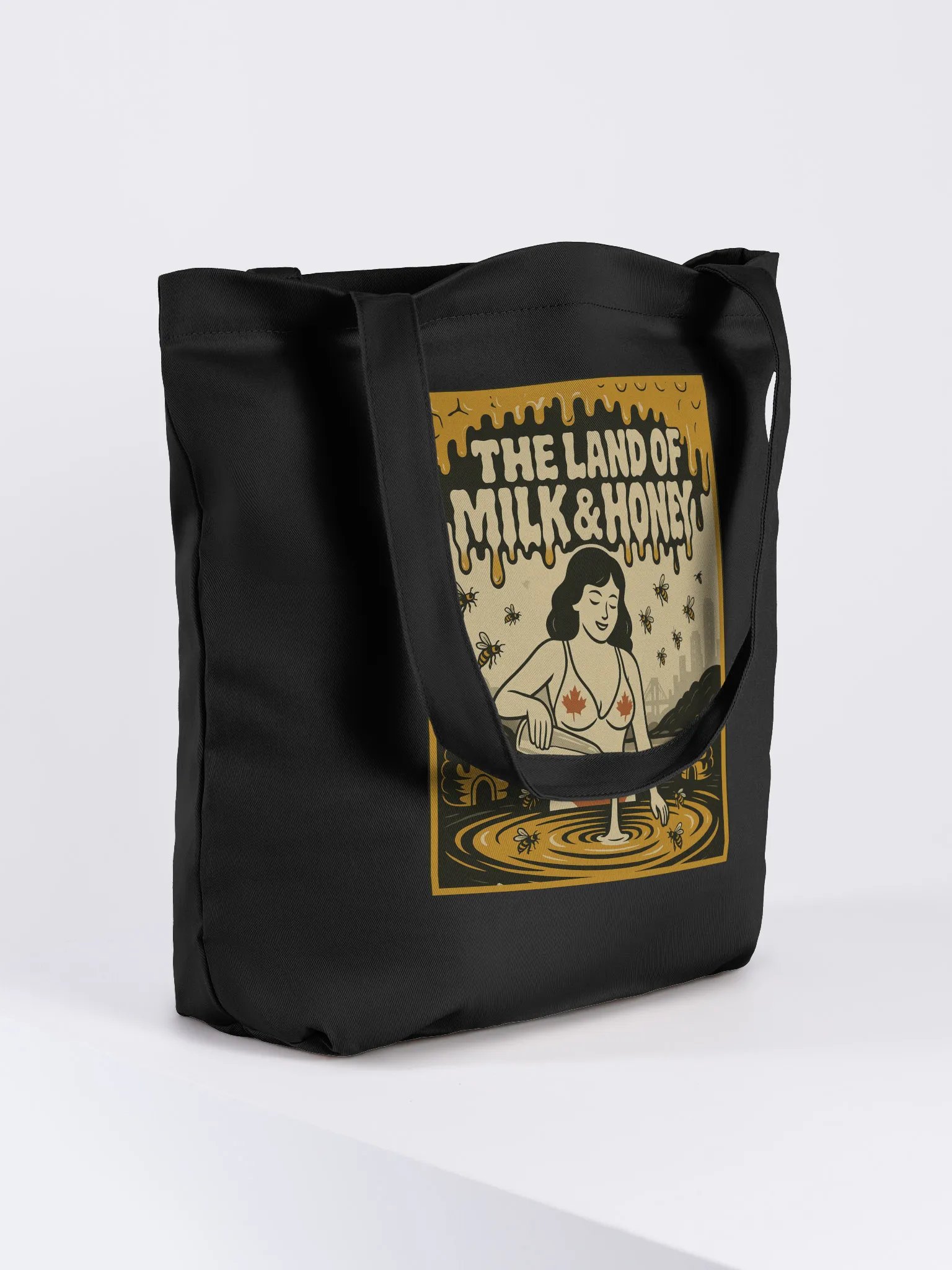 Black "THE LAND OF MILK & HONEY" Organic Tote Bag product image (4)