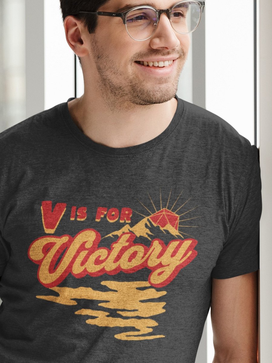 Retro D20 Sunrise Board Game Shirt, V is for Victory T-shirt, on Dark Grey product image (1)