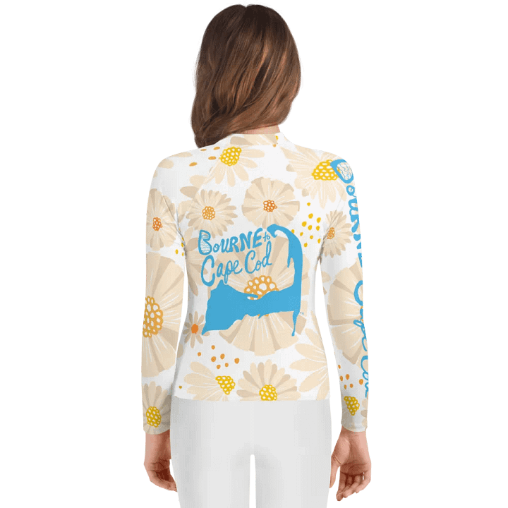 Girls' | YOUTH | Rash Guard | BRN.2C.C.™ Front Graphic | BOURNE to Cape Cod™ Sleeve & Back Logo | Coastal Swim Shirt for Kids | UV Protection Activewear | Blue Logo | Daisy Pattern product image (2)