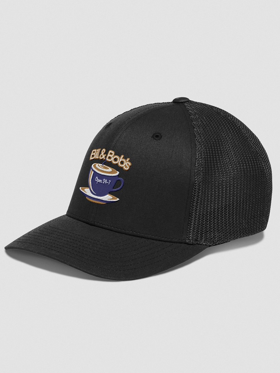 Bill & Bob's Coffee Shop Open 24/7 Trucker Hat, Navy Blue Color Accent product image (3)