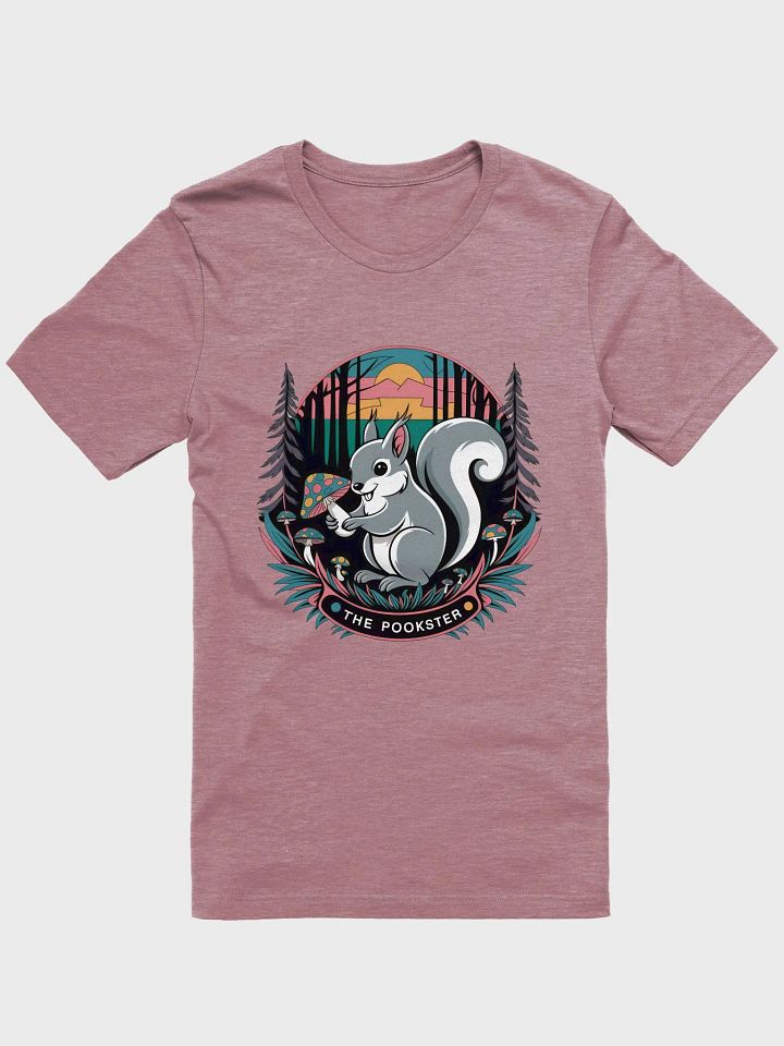 Supersoft and Flattering lightweight tee: Pookster in the woods with mushrooms and a sunset product image (1)