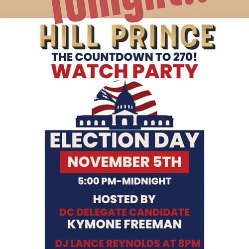 Come on out! Election Watch Party at Hill Prince 1337 H St NE. I'm spinning at 8pm- come on out and hang with us!
@chefsforka...