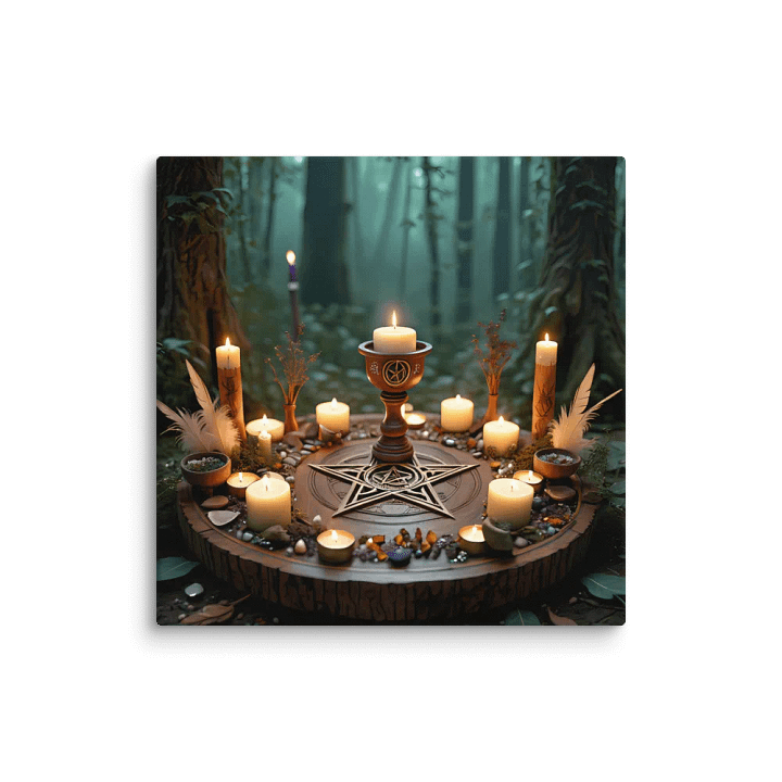 Enchanting Forest Altar Setup for Rituals – Pentagram Candles, Wiccan Chalice, Feather Decor, and Spiritual Nature Vibes product image (1)