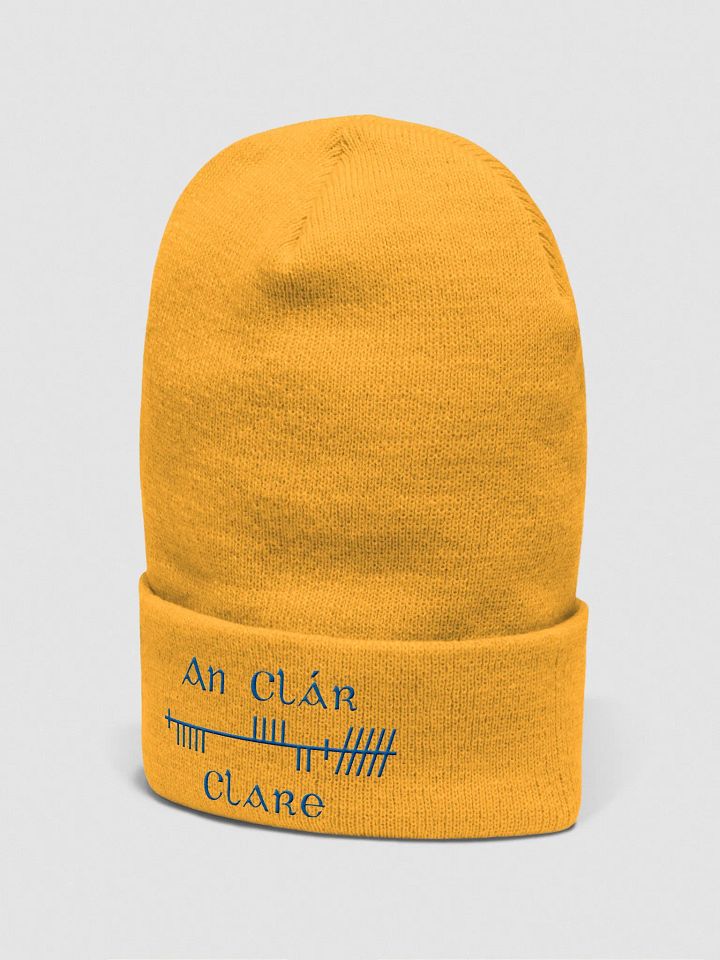 Clare/An Clár, Gold with Blue, Orthodox Style Ogham embroidered Cuffed Beanie product image (2)