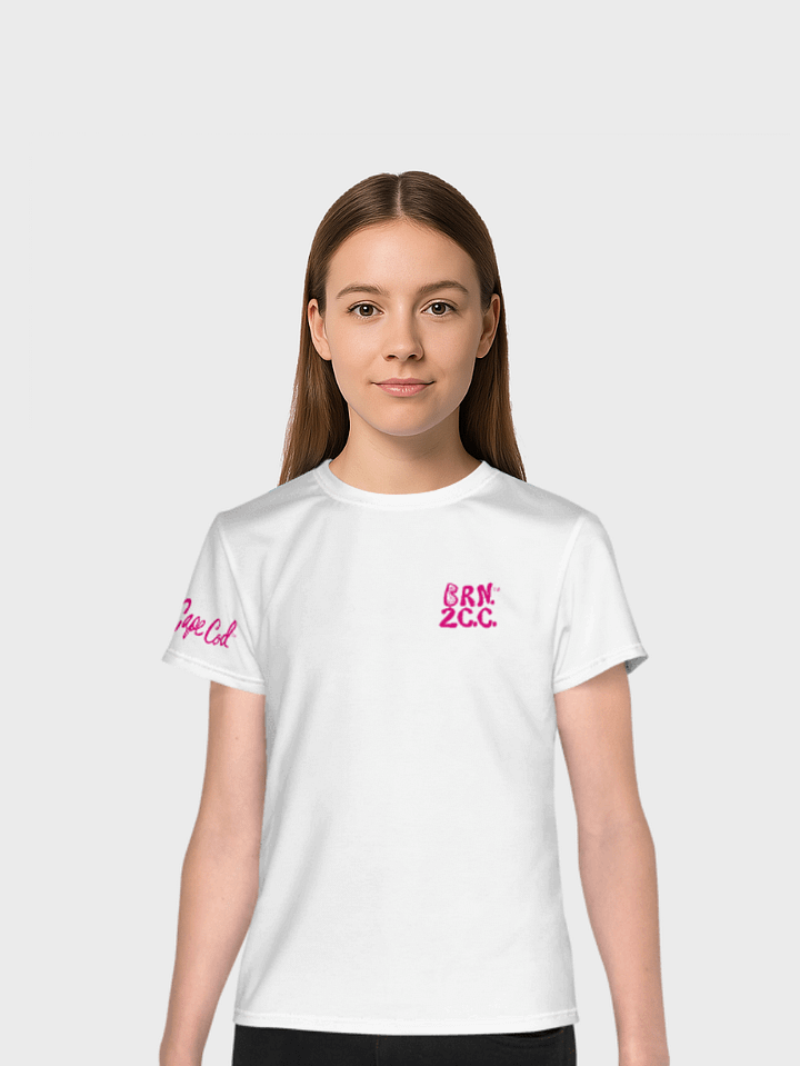 🦩YOUTH | Girls’ | BOURNE to Cape Cod™ | Logo Tee – All-Over Print | BRN.2C.C.™ | Coastal Cutie Vibes💖 | Pink Logo on White product image (1)