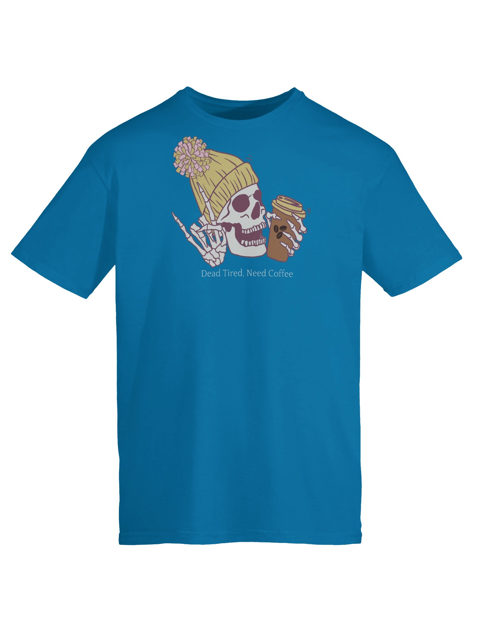 Golden “Dead Tired, Need Coffee.” Skeleton Tee – Dark Unisex Softstyle Coffee Lover shirt product image (16)
