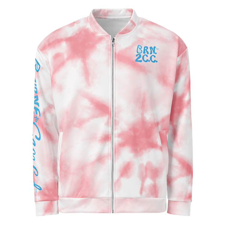 All-Over Print Bomber Jacket | Coastal Cool, City Bold | BOURNE to Cape Cod™ + BRN.2C.C.™ Style | Deep Sky Blue Logos on Pink Tie-Dye product image (1)