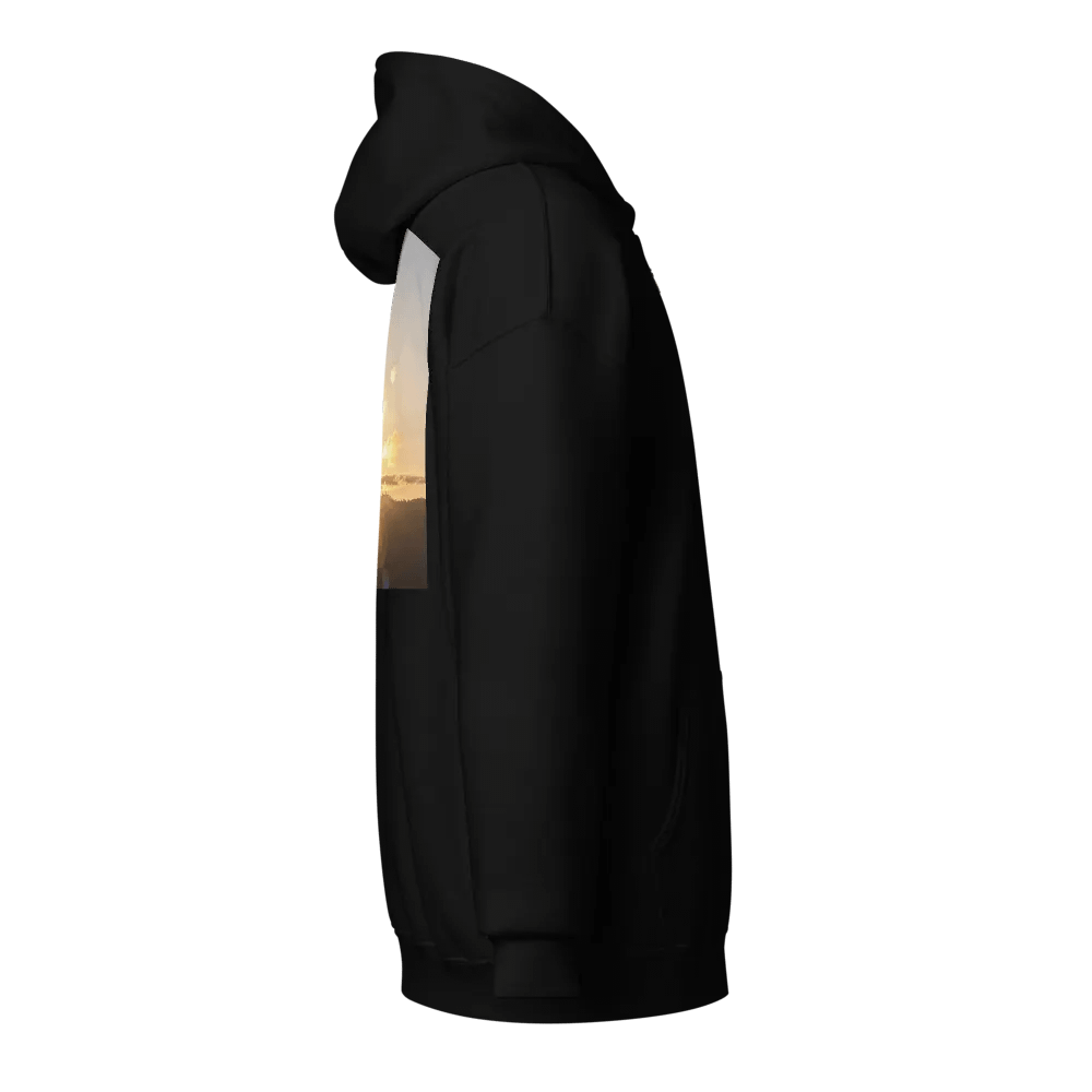 Wooden cross being held up against the backdrop of a sunrise Hoodie product image (4)