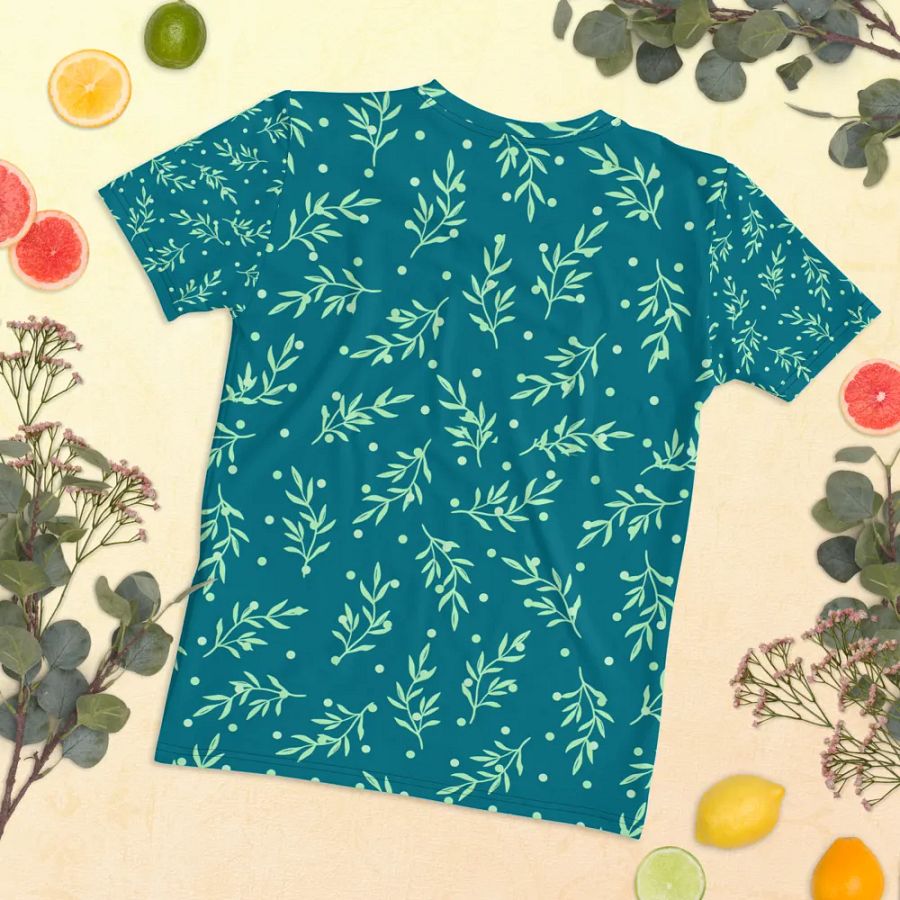 Ladies T shirt all over print teal color  leafy design  giving a fresh healthy feel for outdoor activity or outing. product image (11)