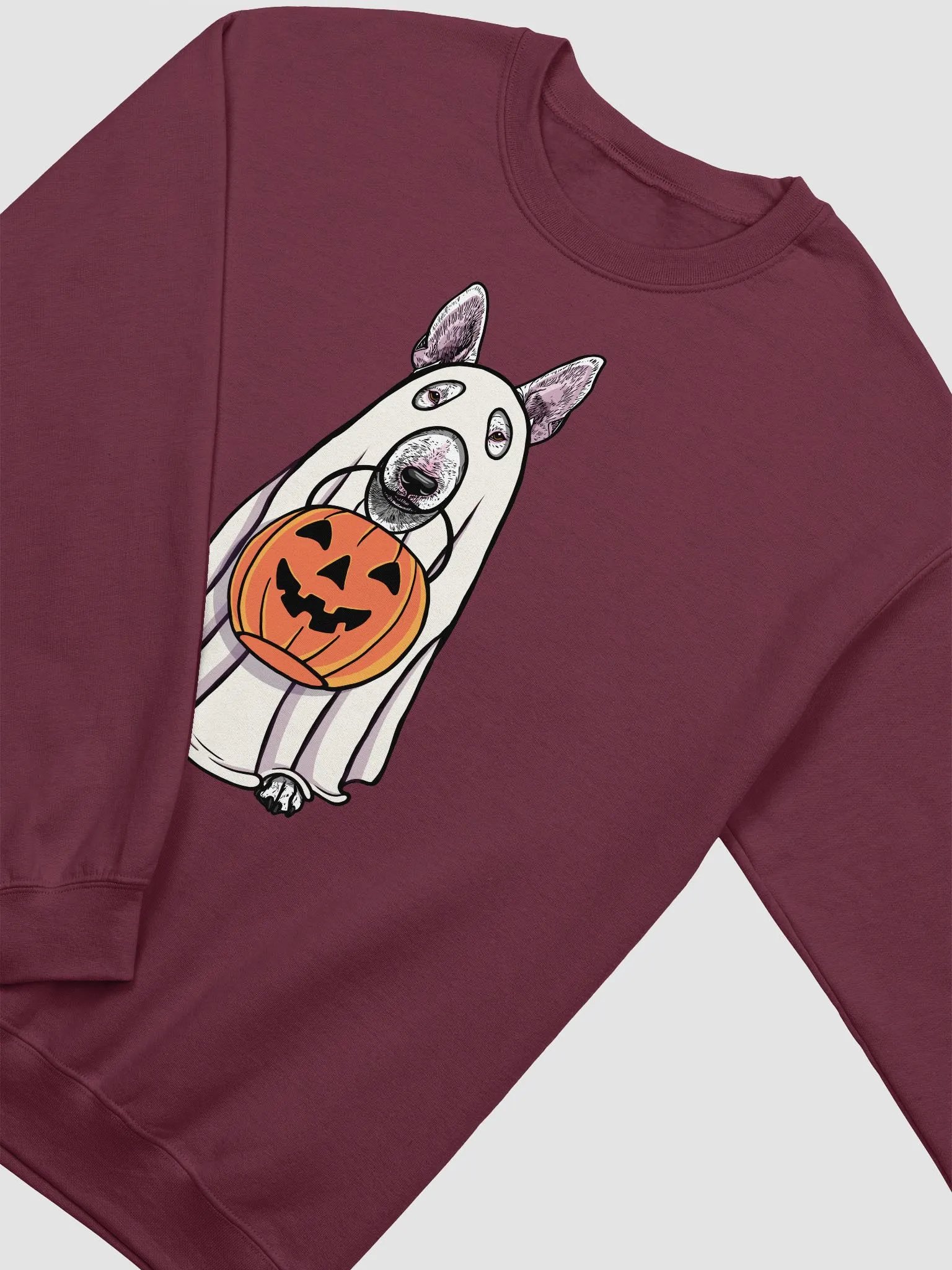 Funny Halloween Bull Terrier Sweatshirt | Funny Dog Wearing a Ghost Costume and Holding a Pumpkin Basket product image (4)