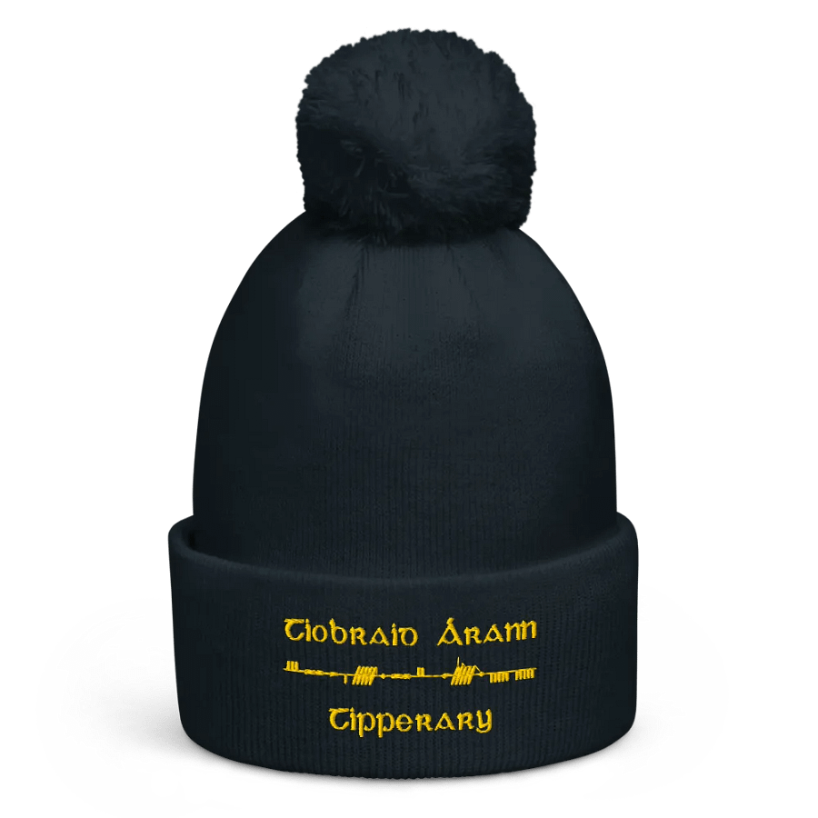 Tipperary/Tiobraid Árann Scholastic style Ogham, Navy with Gold, embroidered Pom-Pom Beanie product image (1)