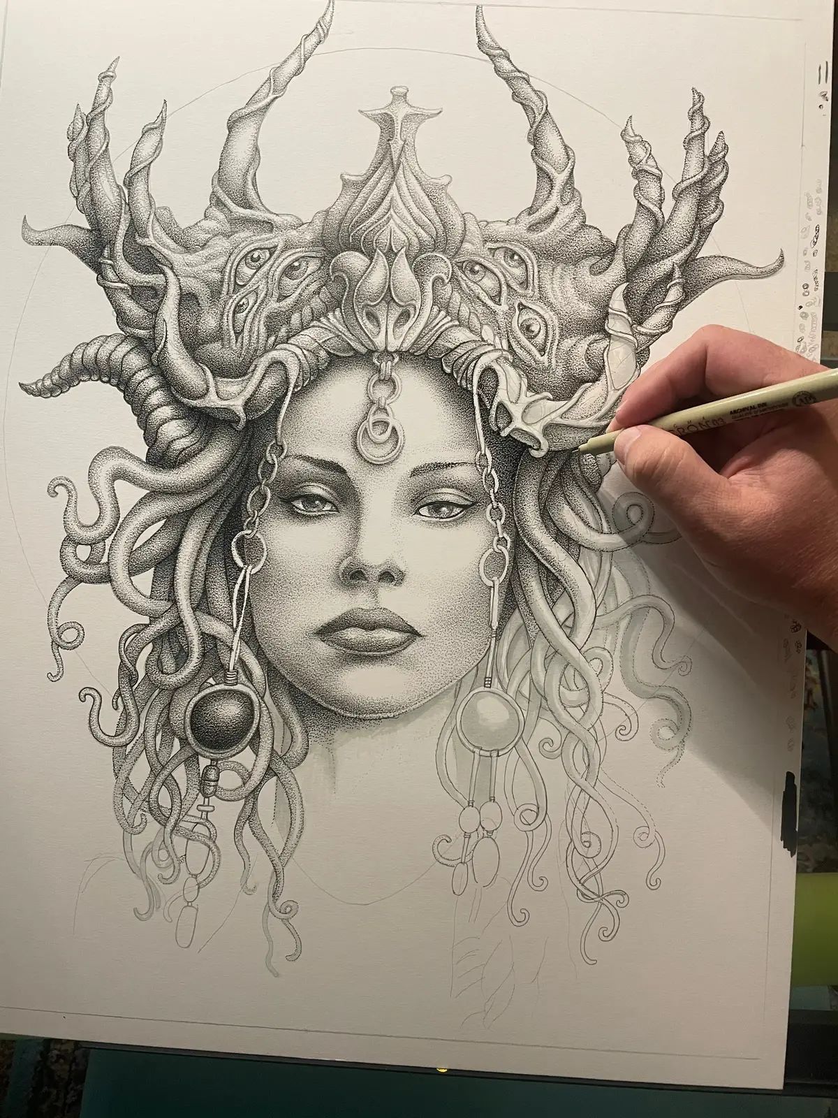 My original ink stippling drawing in progress!  Follow me for LIVE sessions from the art desk. #art #ink #drawing #stippling #pointillism #surrealart #psychedelic #tattooart #tiktoklive #watchmedraw #fantasyart #comicart 