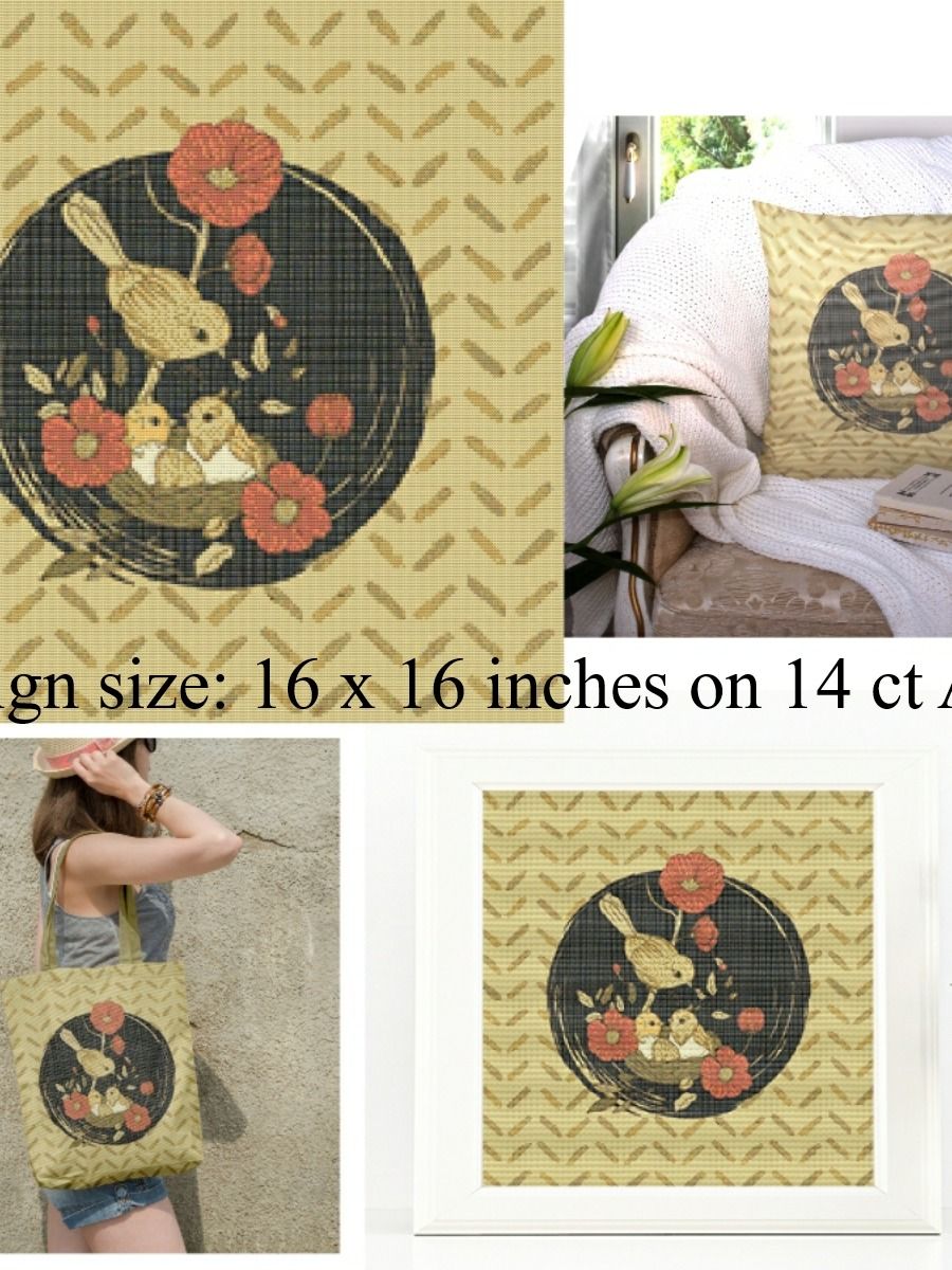 Lovely Printable Cross Stitch Pattern of Mother Bird and Babies in Nest with Floral Accents Earth Tones Red Flowers product image (1)