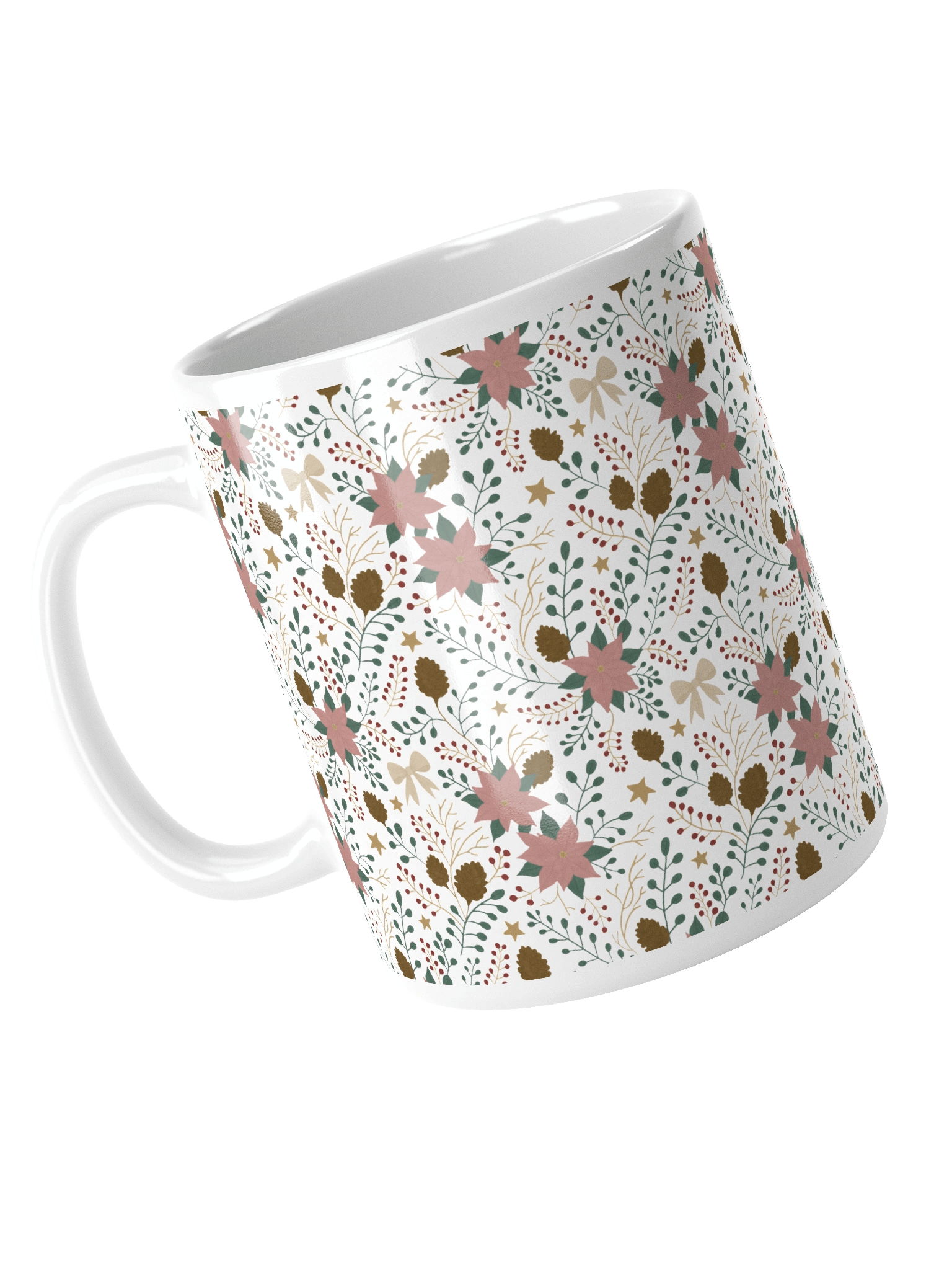 White glossy mug enchanted forest blooms. Botanical Christmas mug with poinsettias and winter details product image (12)
