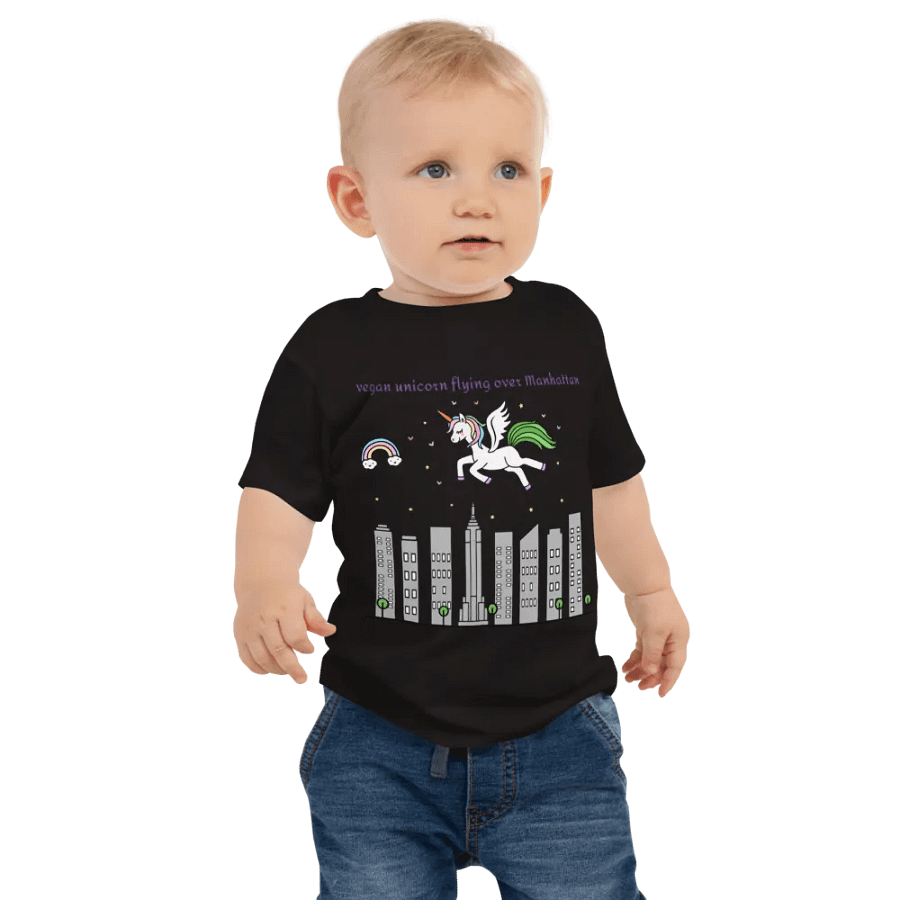 “Vegan Unicorn Flying Over Manhattan” Black T-Shirt for Kids product image (2)