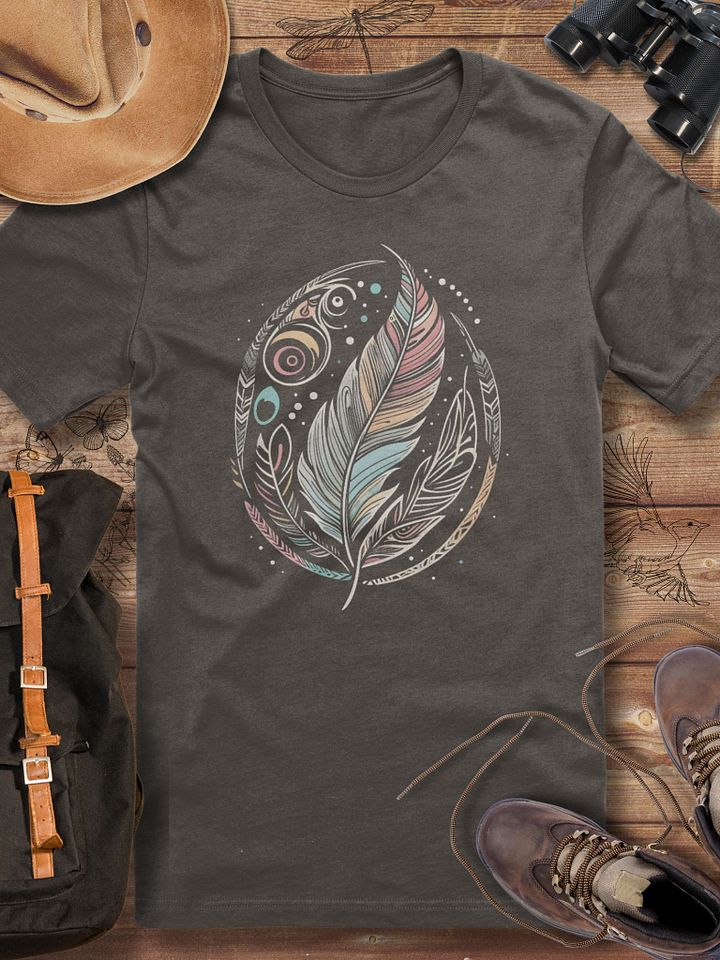 Boho Feather T-Shirt, Artistic Tribal Feathers Tee, Nature-Inspired Graphic Shirt, Bohemian Hippie Gift, Earthy Aesthetic T-shirt product image (5)