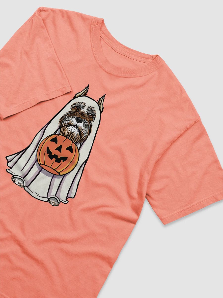 Funny Halloween Schnauzer(Liver, Cropped Ears) T-Shirt | Funny Schnauzer Wearing a Ghost Costume and Holding a Pumpkin Basket product image (24)