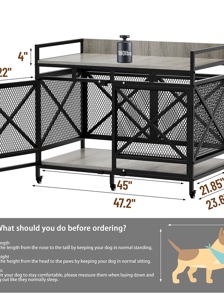 48 inch Dog Crate Furniture for Large Breeds (Up to 90 lb), Wooden & Steel, 360° Casters, Waterproof Top, Steel Lock,Textured Gray product image (2)