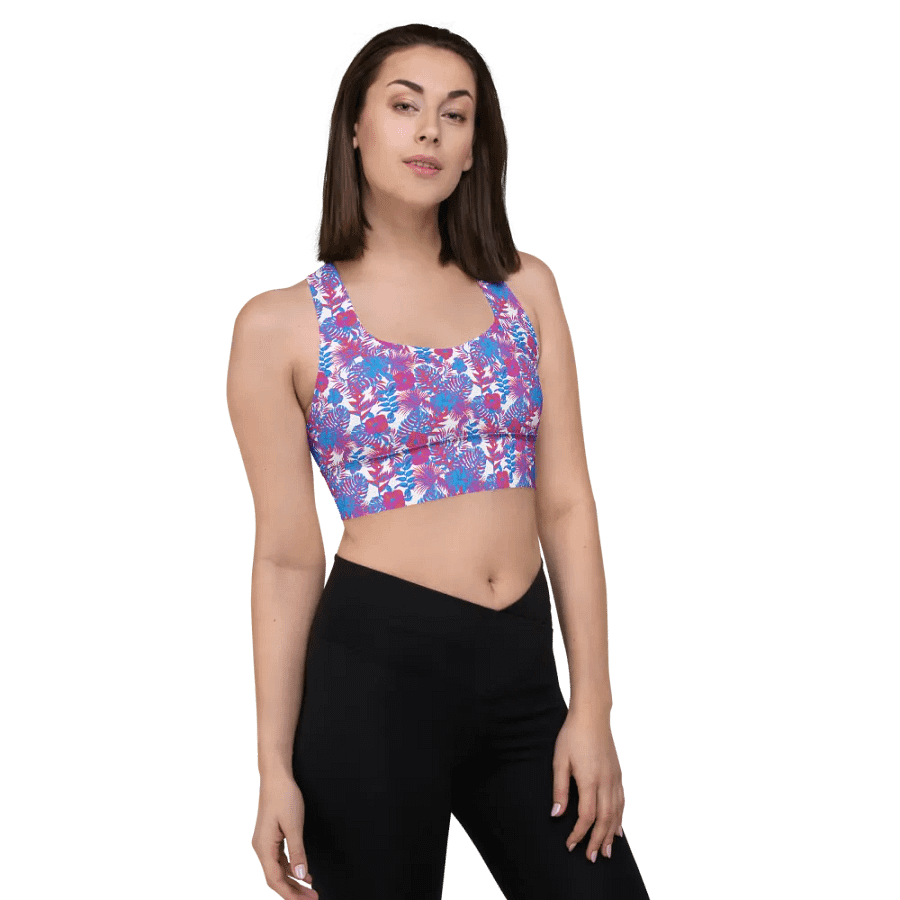 Longline sports bra in  blue and pink colors tropical leaves design. Perfect for holiday vibes product image (5)