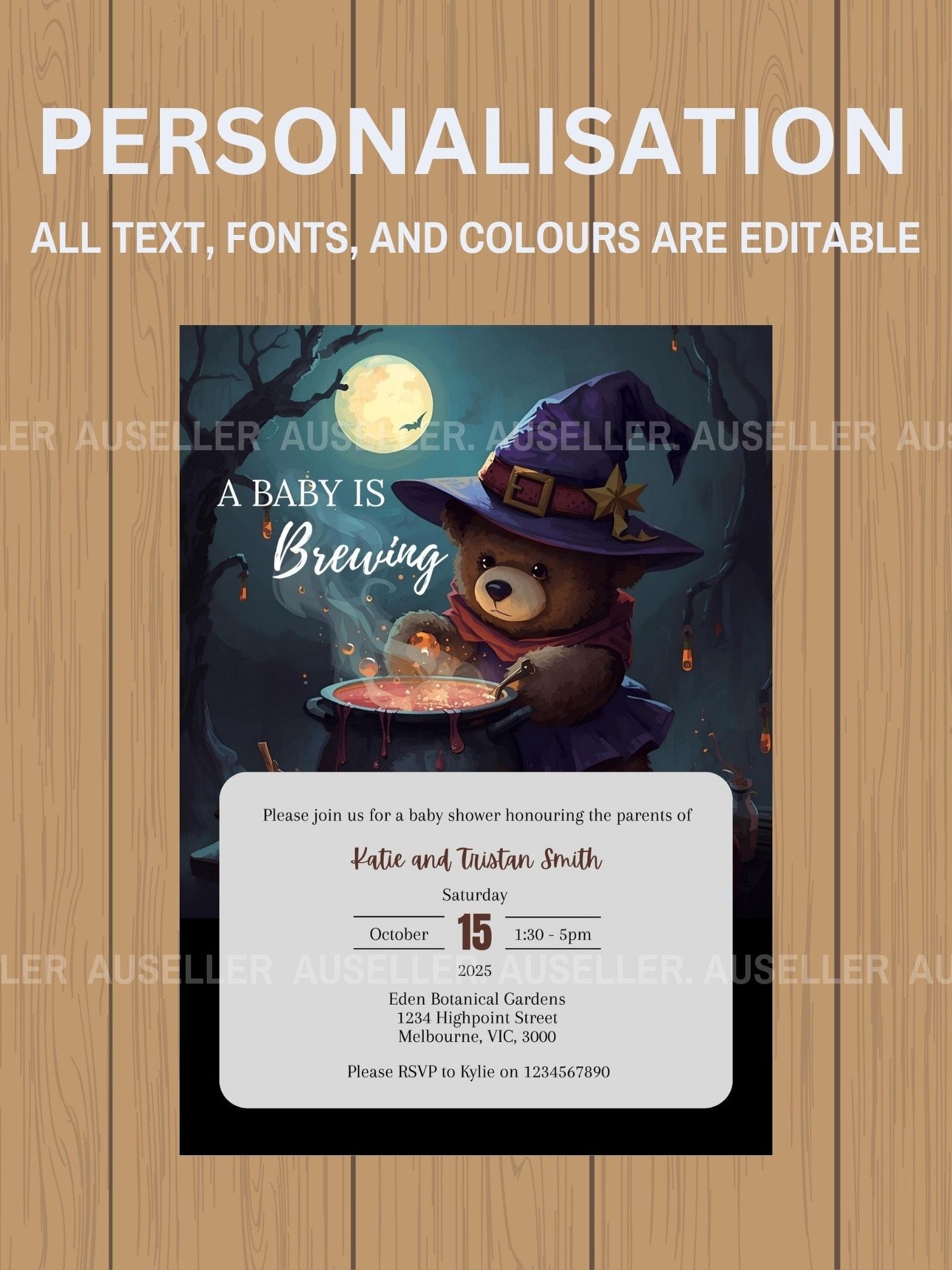 Teddy Bear & Cauldron Nighttime Forest Themed 'A Baby Is Brewing' Halloween Baby Shower Invitation product image (5)