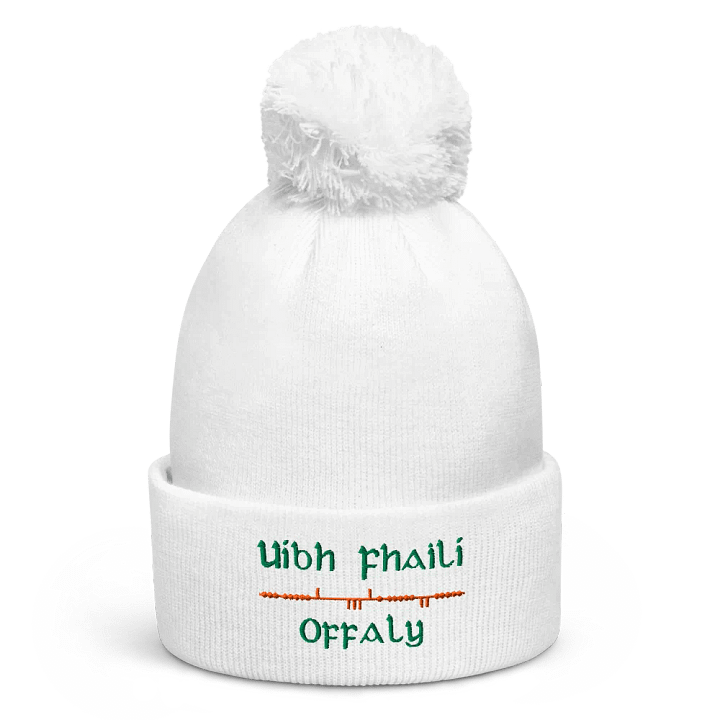 Offaly/Uíbh Fhailí Scholastic style Ogham, white with green and orange, embroidered Pom-Pom Beanie product image (1)